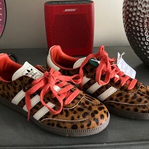 Adidas Kids Leopard Print Sneakers with Red Accents